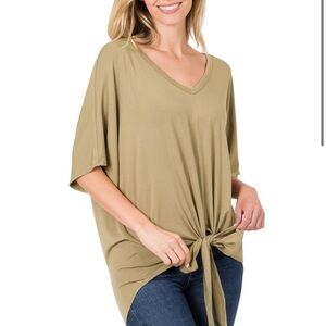 LUXE RAYON V-NECK TIE FRONT TOP Khaki